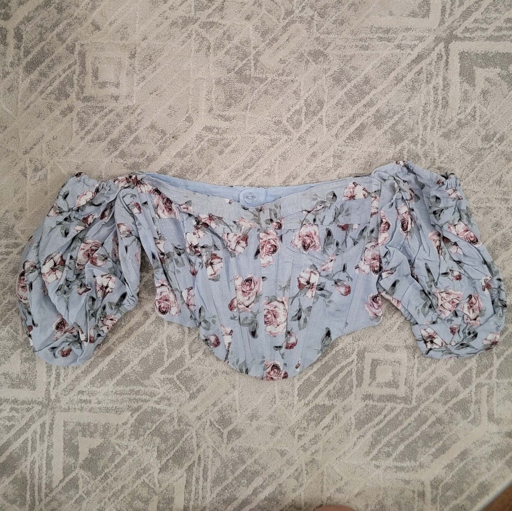 Bardot Kiah Linen Floral Corset Top With Puff Sleeves -Size 4 - Blue Rose Floral - Picture 4 of 8